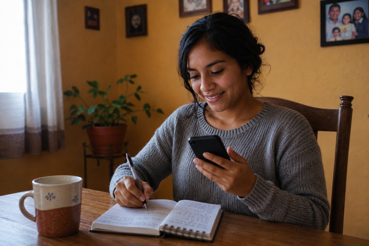 Mujer tomando notas mientras se informa en casa